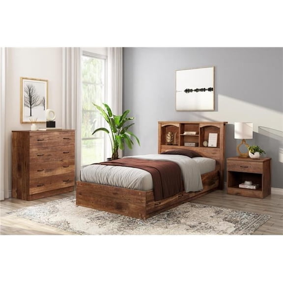 Twin Bookcase Headboard & Platform Bed - Mountain Oak - Twin Size - With Storage Drawers