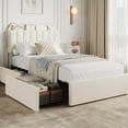 thumbnail image 1 of Twin Bouclé Upholstered Platform Bed Frame with Storage Headboard – 2 Drawers, Bookcase Feature, Easy Assembly, Beige, 1 of 7