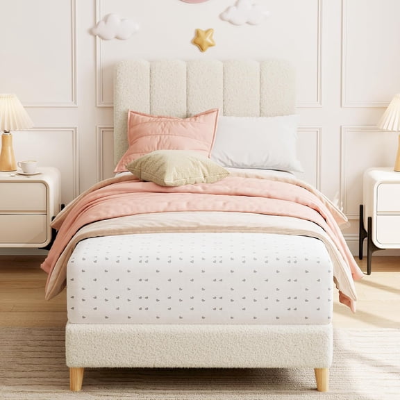 Twin Boucle Platform Bed with Wave Headboard, Wood Slats, No Box Spring, Beige