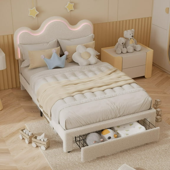 Twin Boucle Upholstered Bed Frame with Storage Headboard, LED Lights, Storage Drawers, Wood Slat Support, No Box Spring Needed