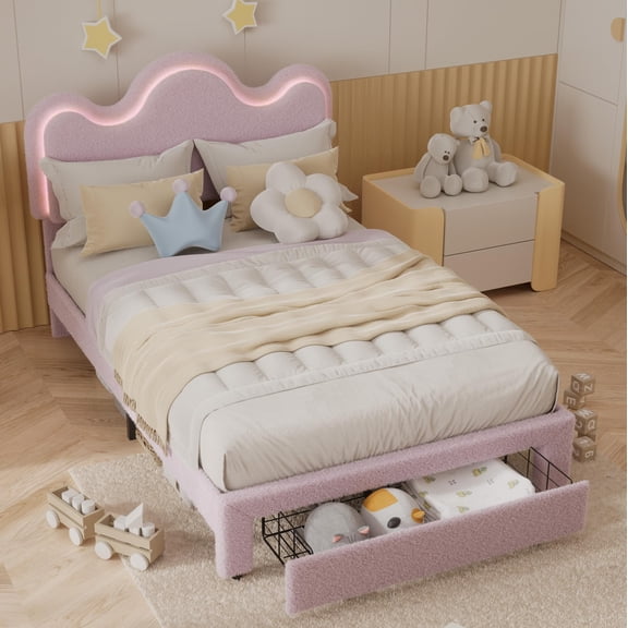 Twin Boucle Upholstered Bed Frame with Storage Headboard, LED Lights, Storage Drawers, Wood Slat Support, No Box Spring Needed
