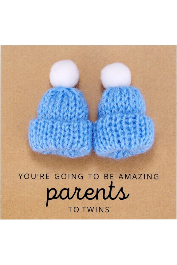 Twin Boys New Baby Card with Two Blue Knitted Hats, Newborn Twins Congratulations Card for Parents of Twin Boys, Baby Shower and Pregnancy Gift for New Mom and Dad