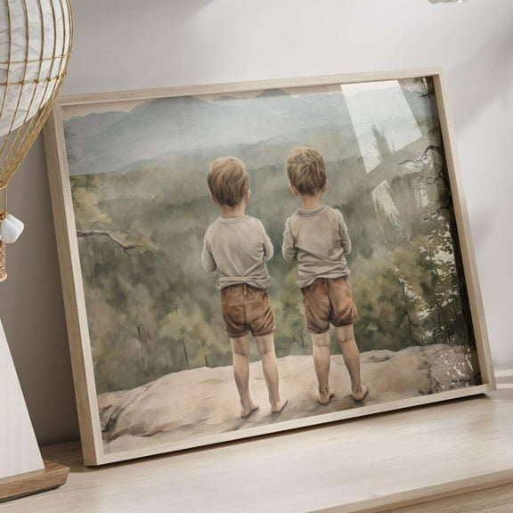 Twin Boys Wall Art, Twin Print Boy, Brothers Print, Boy Adventure Nursery, Little Boys Room Decor, Outdoors Nursery Decor, Kids Art Wall Art, Modern Wall Decor, 8x12 UNFRAMED