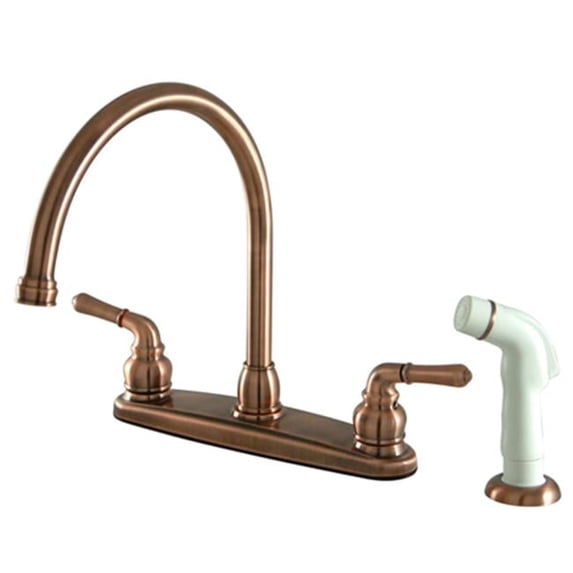 Twin Brass Lever Handles 8 Inch Kitchen Faucet With Side Sprayer - Antique Copper Finish