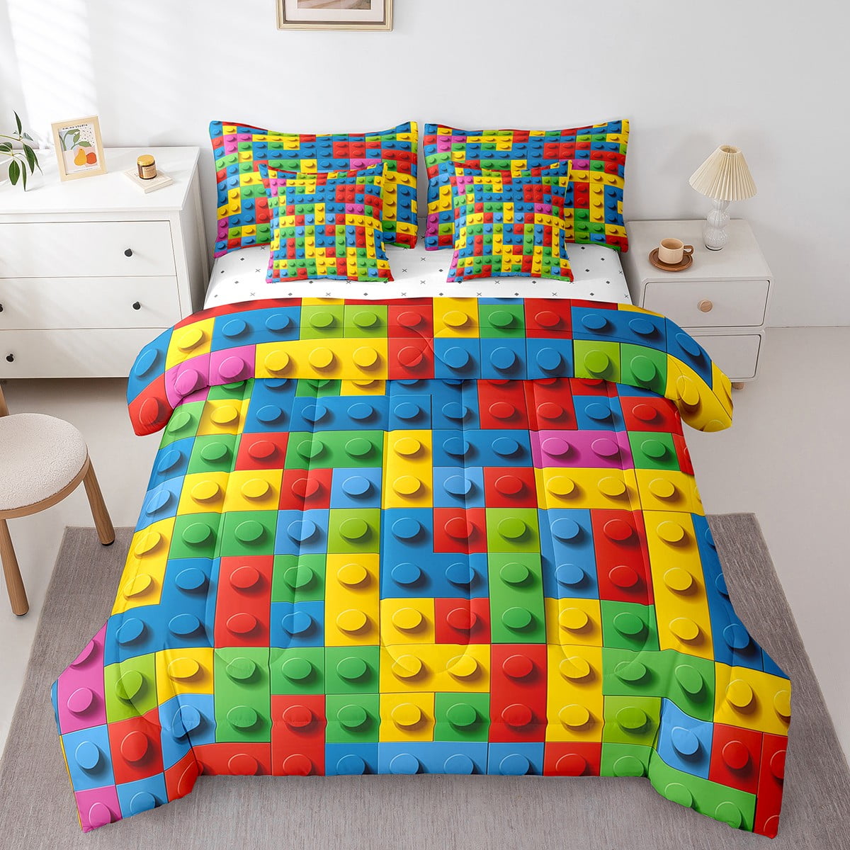 Twin Building Blocks Comforter Set 7 Pieces, Construction Reversible ...