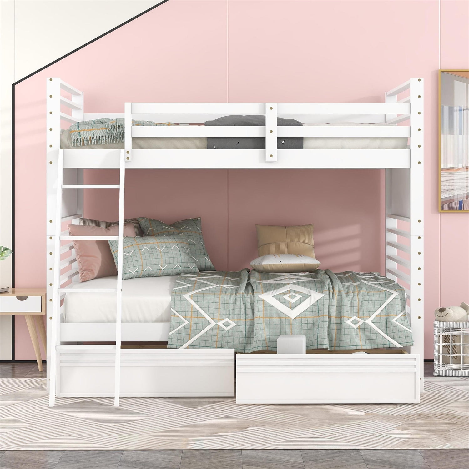 Twin over Twin Bunk Bed with 2 Drawers, Solid Wood Detachable Bunk Bed Frame with Guardrails and