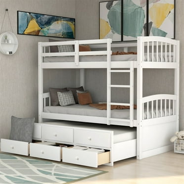 Twin Bunk Bed with 3 Drawers, Convertible Bunk Bed Trundle Bunk Bed with Ladder & Safety Rail, Solid Wood Bunk Bed Guest Room Furniture for Teens Bedroom, Separate to 2 Twin Beds, White