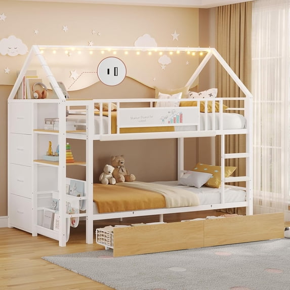 Twin Bunk Bed with 6 Storage Drawers and Globe String Lights, House Shaped Metal Bunk Bed Twin Over Twin with Charging Stations&Montessori Bookshelf&Open Shelf&Ladder and Guardrail, White