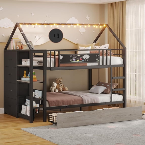 Twin Bunk Bed with 6 Storage Drawers and Globe String Lights, House Shaped Metal Bunk Bed Twin Over Twin with Charging Stations&Montessori Bookshelf&Open Shelf&Ladder and Guardrail, Black