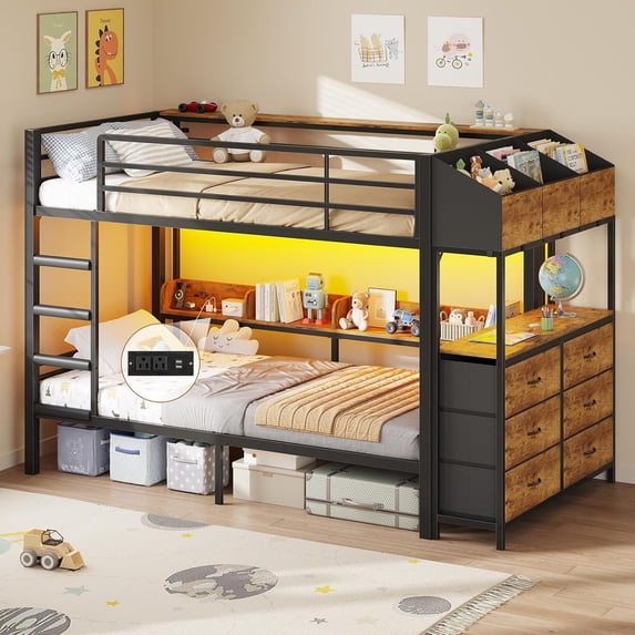 Twin Bunk Bed with 6 Storage Drawers & Storage Shelf, Twin over Twin Metal Loft Beds with Led Lights & Charging Station, L-Shaped Bunk Bed Frame with Side Bookcase, Safety Guardrail and Ladder, Black