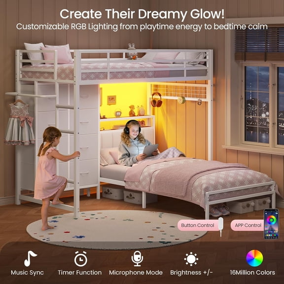 Twin Bunk Bed with 8 Storage Drawers, Twin Over Twin Size Metal Bunk Beds with Charging Station & LED Lights & Storage Headboard & Safety Guardrail & Ladder, White