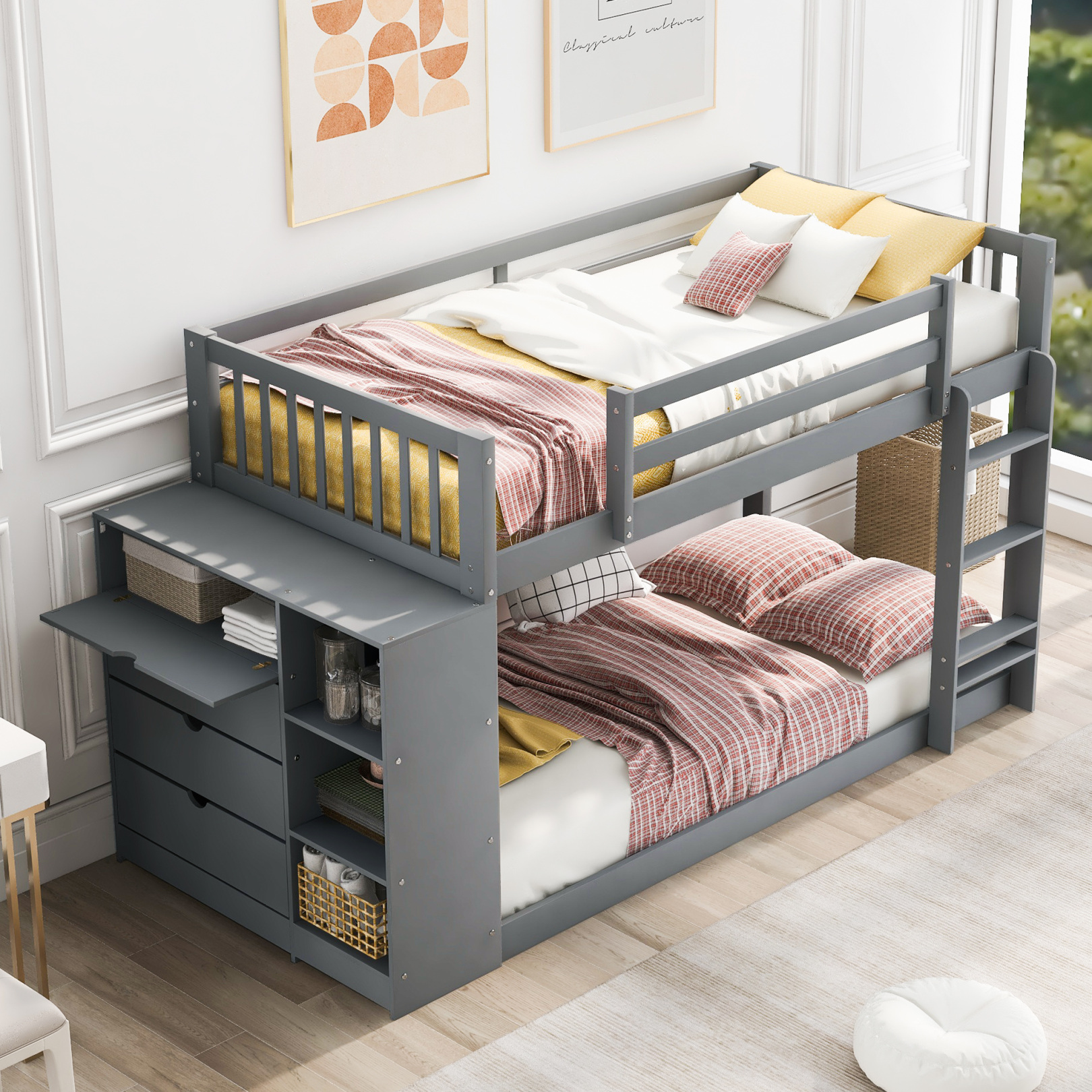 Twin over Twin Bunk Bed with Attached & Storage Shelves, Wooden