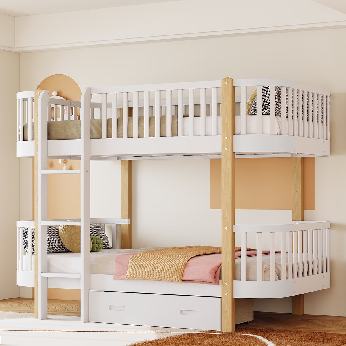Twin over Twin Bunk Bed with Builtin Ladder, Wood Bunk Bed Frame with