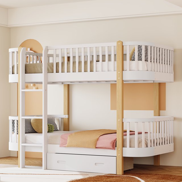 Twin over Twin Bunk Bed with Builtin Ladder, Wood Bunk Bed Frame with