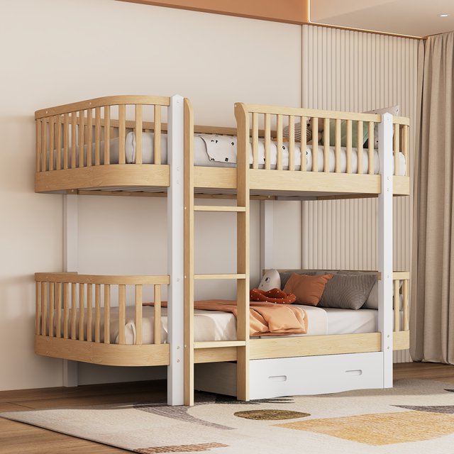 Twin over Twin Bunk Bed with Builtin Ladder, Wood Bunk Bed Frame with