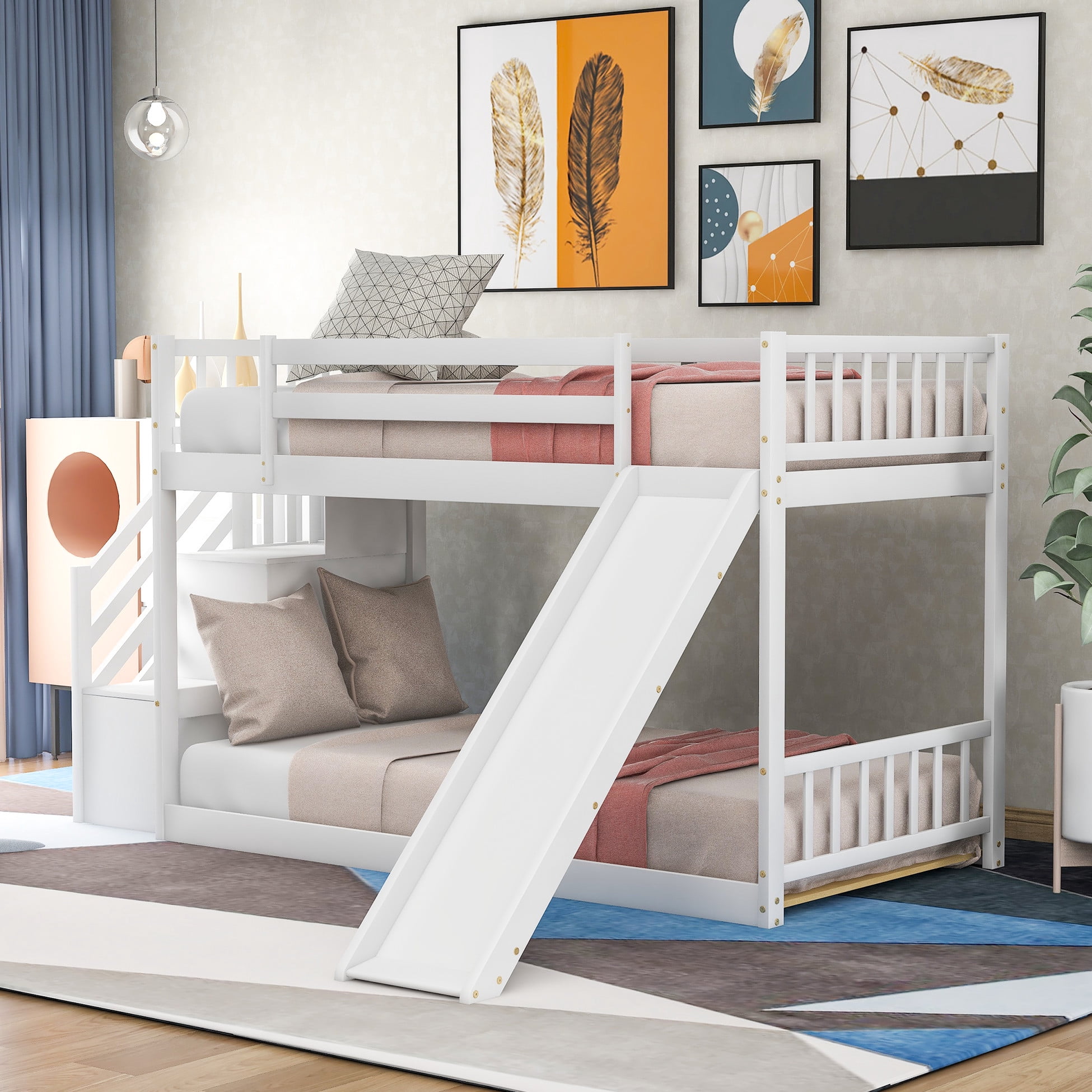 Twin Over Bunk Bed With Convertible Slide And Stairway In White - Space ...