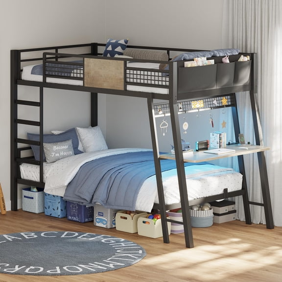Twin Bunk Bed with Desk, Twin Over Twin Metal Bunk Beds with Power Outlets, LED Lights, with 13.4in Safety Guardrail, Ladders, No Box Spring Needed (Oak Ash & Black)