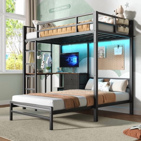 Twin Bunk Bed with Foldable Table, Metal Frame with Storage Drawers, LED Lights and Charging Station, Space-Saving Design, Safety Guardrails and Ladder, Bedroom Dorm, Rustic Brown