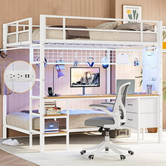 Full Over Twin Size Bunk Bed with Desk&Charging Station&LED Lights&Drawers&Storage Shelves, Full Over Twin Metal Loft Bed for Adults, No Box Spring Needed, White