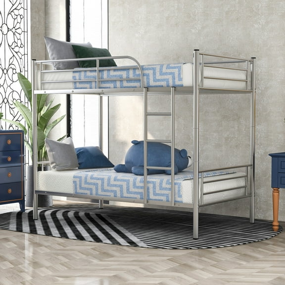 Twin Bunk Bed, Metal Bunk Bed Can Be Divided Into Two Twin Beds, Twin Metal Frame Bunk Bed with Ladders and Guardrails for Guest Room, Space Saving Bedroom Furniture - Sliver, K2849