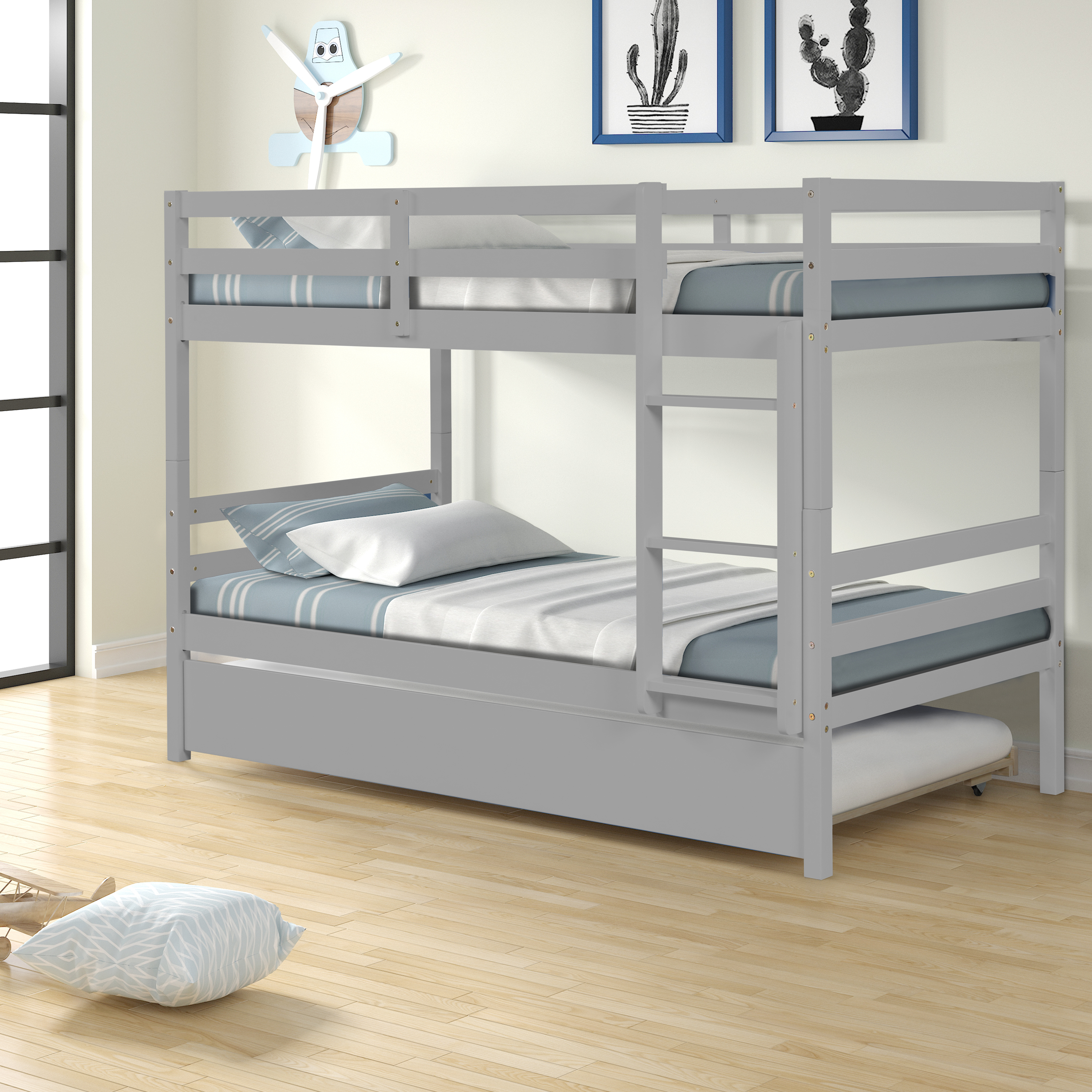 Twin Bunk Bed, Twin Over Twin Bunk Bed with Twin Size Trundle, Bunk