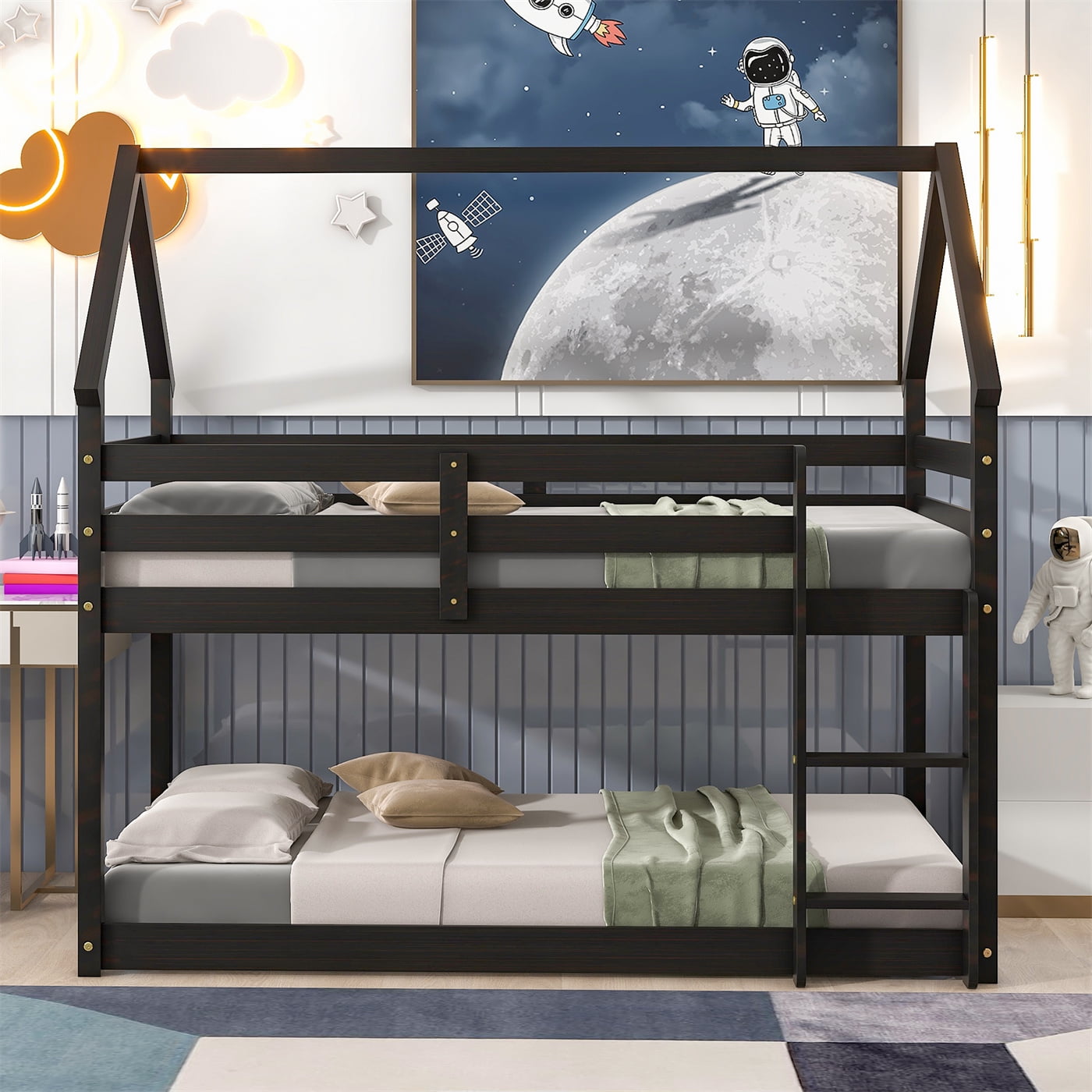 Twin Over Twin Bunk Bed With Roof, Low Bunk Bed Frame With Built-in 