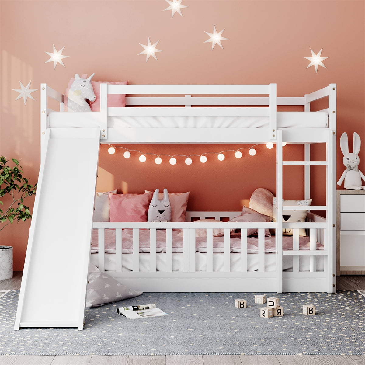 Twin over Twin Bunk Bed with Slide and Ladder, Wooden Twin Bunk Bed ...