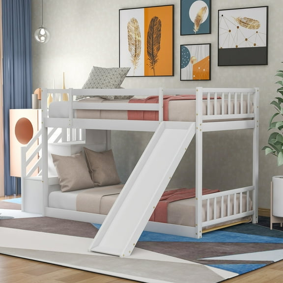 Twin over Twin Bunk Bed, Space Saving Twin Bunk Bed, with Safety Guardrail, Slide and Stairway with Storage, Solid Wood Bed Frame, Modern and Simple Design, No Box Spring Needed, White, D4811