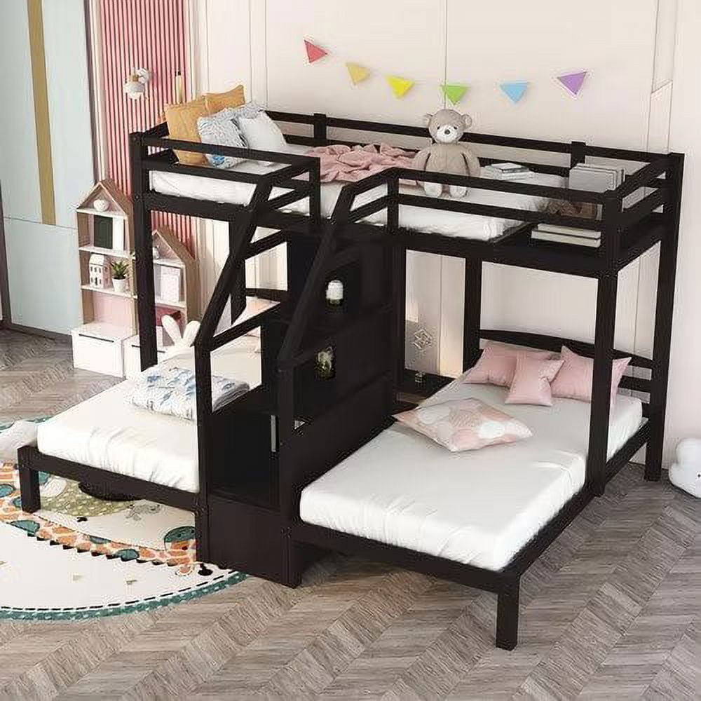 Twin over Twin Twin Bunk Bed Triple Bunk Bed Frame with Little Drawer and Storage Stairway T Shaped Bunk Bed with Full Length Guardrail for Boys