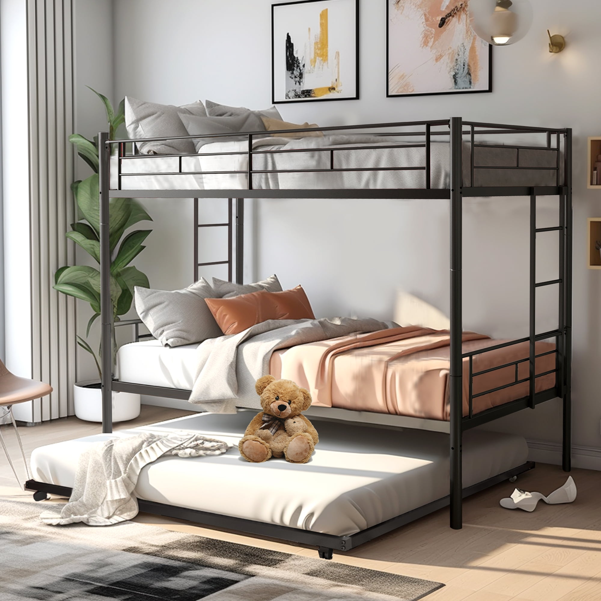 Twin Bunk Bed with Trundle Metal Bed Frame Bunk Beds for Kids Teens Adult with Ladder and Safety Guardrails Black Twin Over Twin Bunk Bed Can be