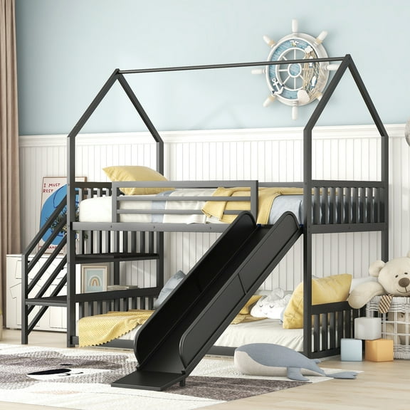 Twin Bunk Bed With Metal Frame In Black, Slide And Staircase For Fun Size Functional Attractive