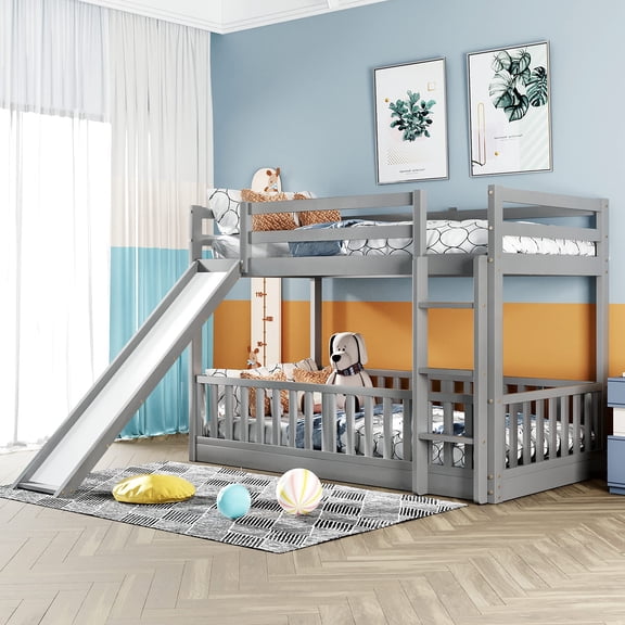 Twin Bunk Bed with Convertible Slide and Ladder, Wooden Bedframe for Bedroom, Twin Over Twin, Gray