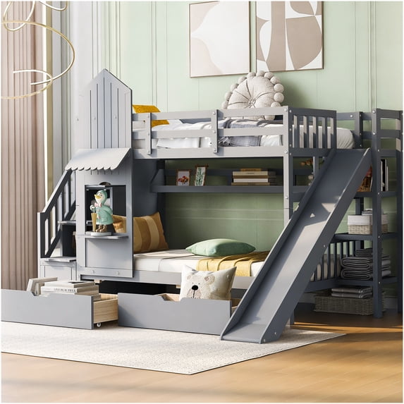 Twin Bunk Bed with Slide, 2 Drawers & 3 Shelves, Playhouse Castle Design, Solid Wood Frame, Gray Finish