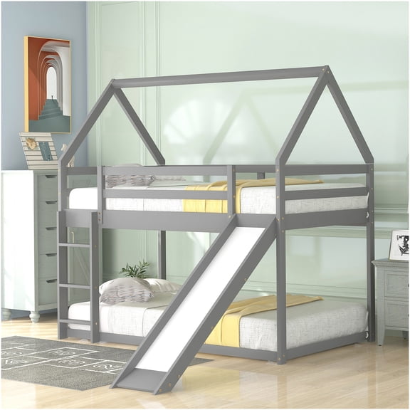 Twin Bunk Bed with Slide and Ladder, Gray Wood Loft Bed with Safety Rails for Play and Sleep, Space-Saving Design