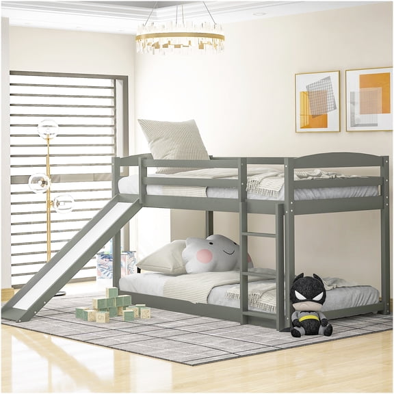 Twin Bunk Bed with Slide and Ladder, Space-Saving Convertible Bunk Bed Frame, Sturdy Wood Construction, Gray Finish