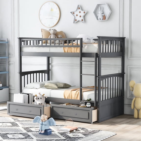 Twin Bunk Bed with Wheels Drawers | Convertible for Bedroom, Elegant Appearance