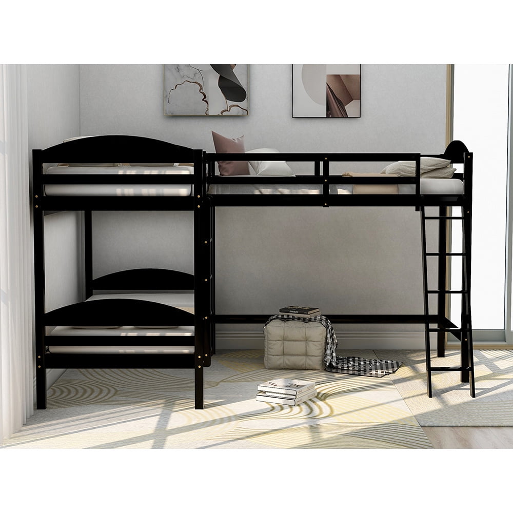 Twin Bunk Beds L-Shaped Bunk Bed and Loft Bed with Ladder and Guard for Teens Bedroom, Espresso