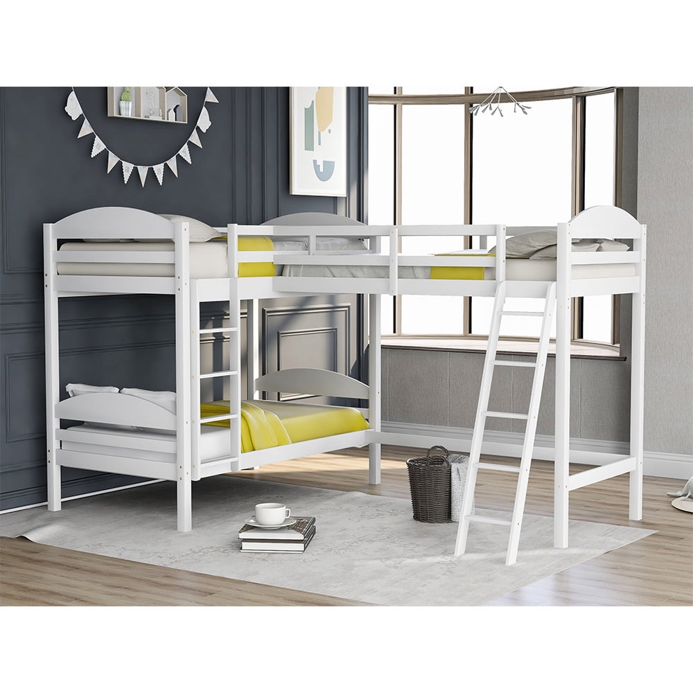 Twin Bunk Beds L-Shaped Bunk Bed and Loft Bed with Ladder and Guard for Teens Bedroom, White
