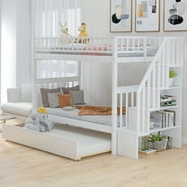 Twin Bunk Beds, Solid Wood Twin Size Bunk Bed Frame with Storage Stairway, Twin Over Twin Bunk Beds with Trundle and Staircase, Bed Frame with Safety Rail for Kid Bedroom Dorm