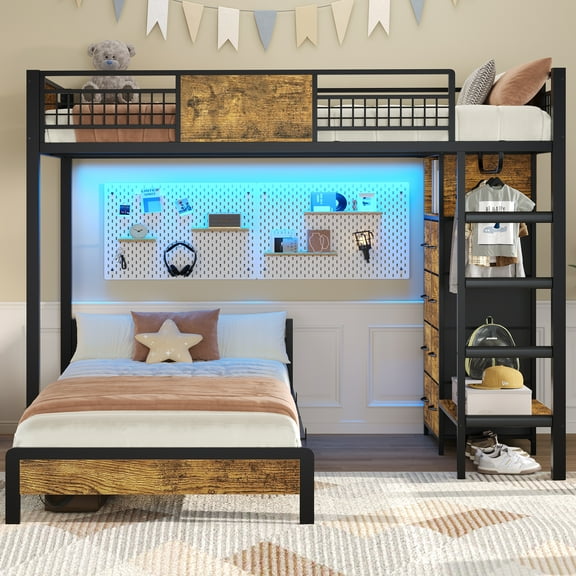 Twin Bunk Beds Twin Over Twin Size with 8 Storage Drawers,Led Lights,Storage Shelves,Metal Loft Bed with 13.4" H Guardrail & Ladder,Black