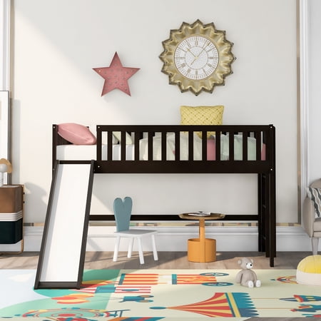 Twin Bunk Beds with Slide Floor Loft Bed Solid Wood Twin Size Low Loft Bed with Slide and Ladder No Box Spring Required