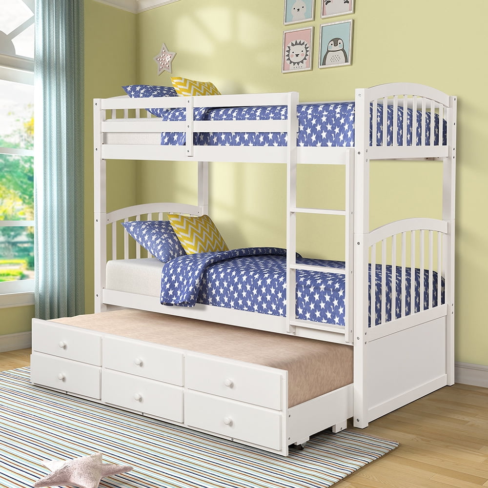 Twin Bunk Beds with Trundle and Ladder, Twin Loft Beds with 3 Drawers for Kids, White