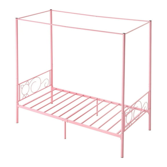 Twin Canopy Bed Frame Metal, Headboard & Four Poster Bed, Low Profile Storage, Sturdy Steel Frame, Noise-Free, Easy Assembly, Bedroom Furniture