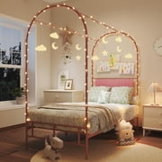 Twin Canopy Bed Frame with Pink Upholstered Headboard, Heavy Duty Steel Slats, No Box Spring Needed
