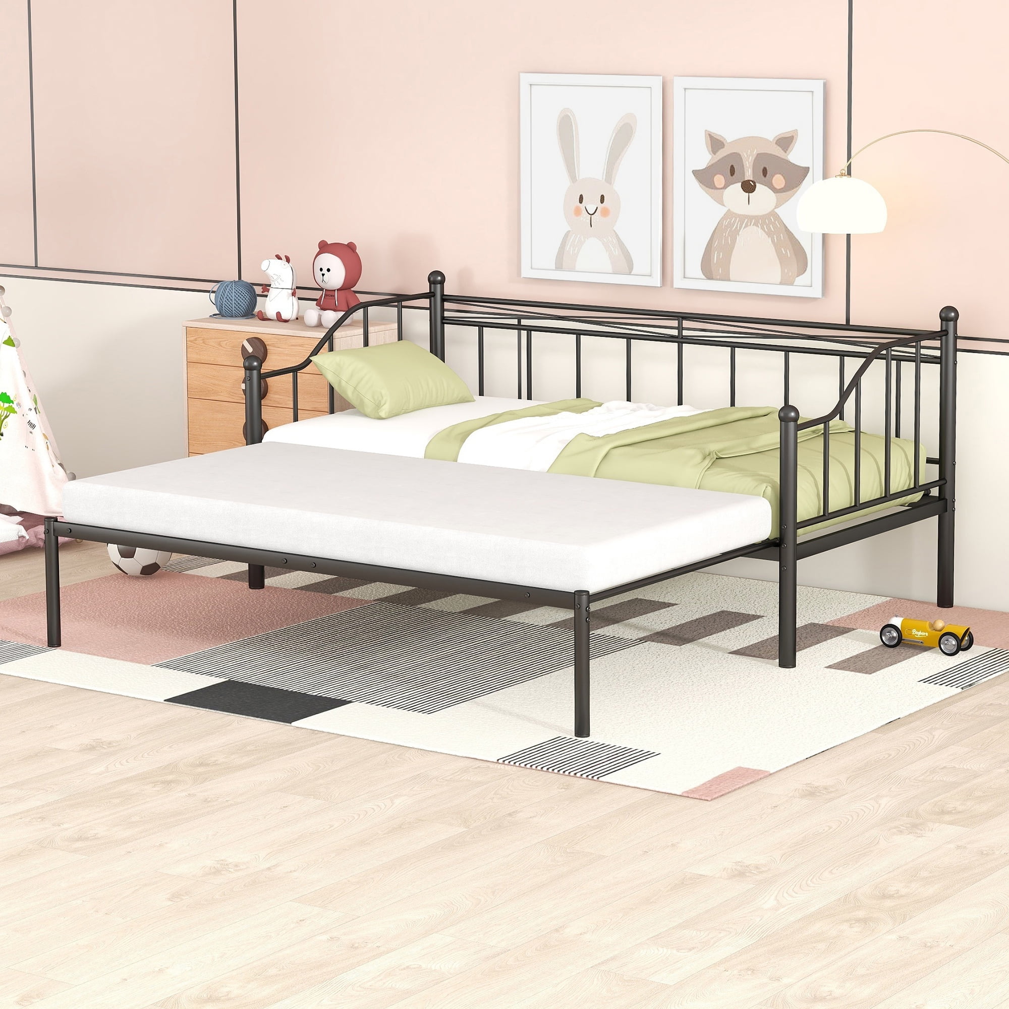 Twin Captain Bed, Extendable Metal Bed Frame with Trundle and Safety