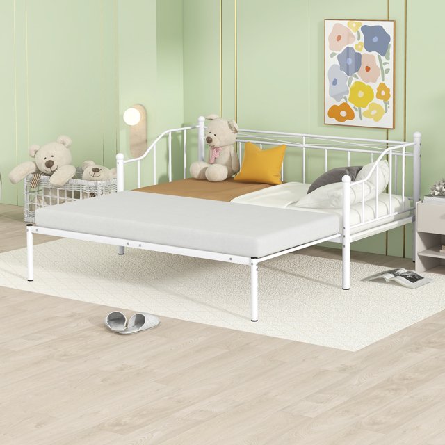 Twin Captain Bed, Extendable Metal Bed Frame with Trundle and Safety