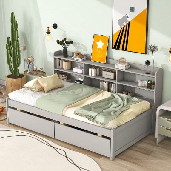 ARCTICSCORPION Kids 44.8" Built-in Bookshelves Bed Frame, Twin