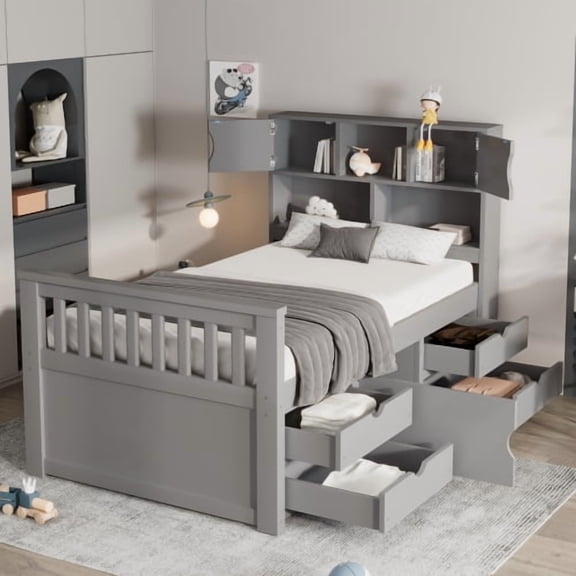 Twin Captain Bed with Storage, White Platform Bed Frame with Bookcase Headboard and 4 Drawers, Solid Wood Storage Bed for Small Spaces, Gray
