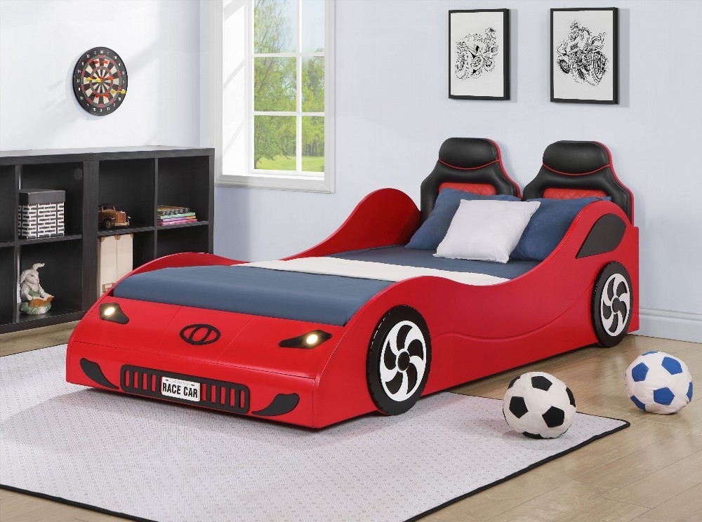Twin Car Bed in Red Finish by Colen - Features Car Seat Headboard & LED Lights