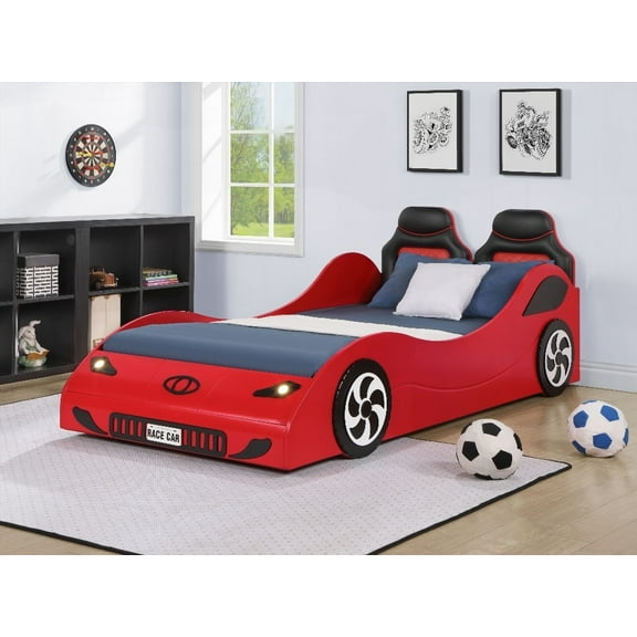 Twin Car Bed in Red Finish by Colen - Features Car Seat Headboard & LED Lights